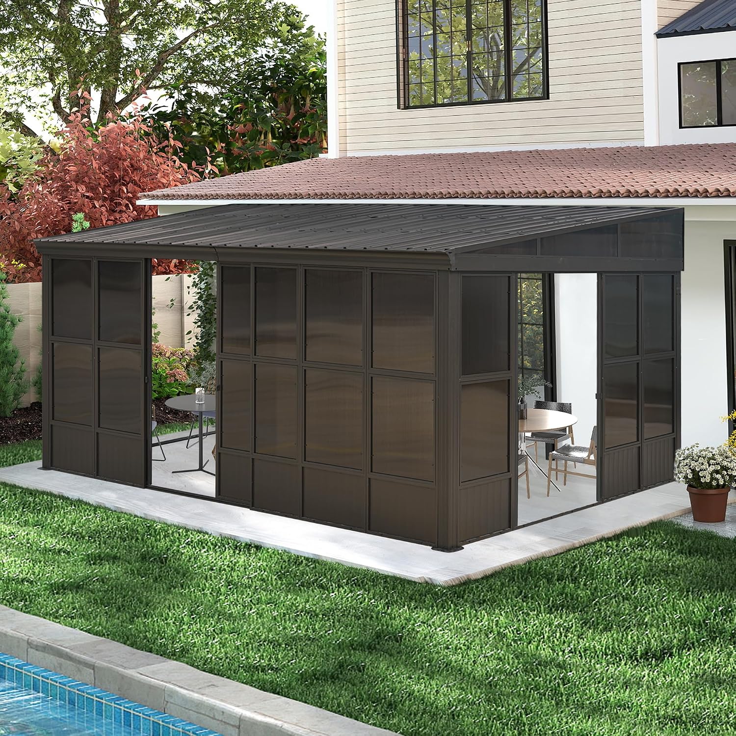 Domi 12x16FT Sunroom, Wall Mounted Sunroom Kit with Galvanized Steel Sloping Roof, Outdoor Sunroom Gazebo with Detachable PC Screen, 3 Sliding Double Doors, Lean to Sun Room for Patio, Deck