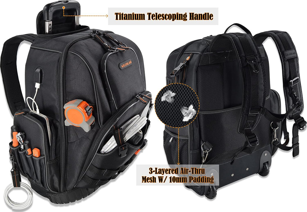 WELKINLAND 72Pockets Rolling Tool backpack, Large tool bag with wheels, Rolling Electrician bag with wheels for men
