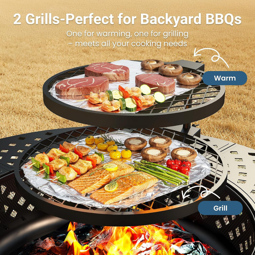 Wisteria Lane 3 in 1 43' Extra Large Fire Pit for Outside Wood Burning with 2 Adjustable Grills, Outdoor Fireplace with Lid and Fire Poker, BBQ & Bonfire & Round Metal Table for Patio, Backyard