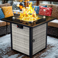 Propane Fire Pit Table, Outdoor Fire Pit Table, 28' Rattan Square Outdoor Gas FirePit with Glass Wind Guard, Tempered Glass Tabletop, Lid, CSA Listed, 50,000 BTU, Outside Patio & Garden, Gray-White