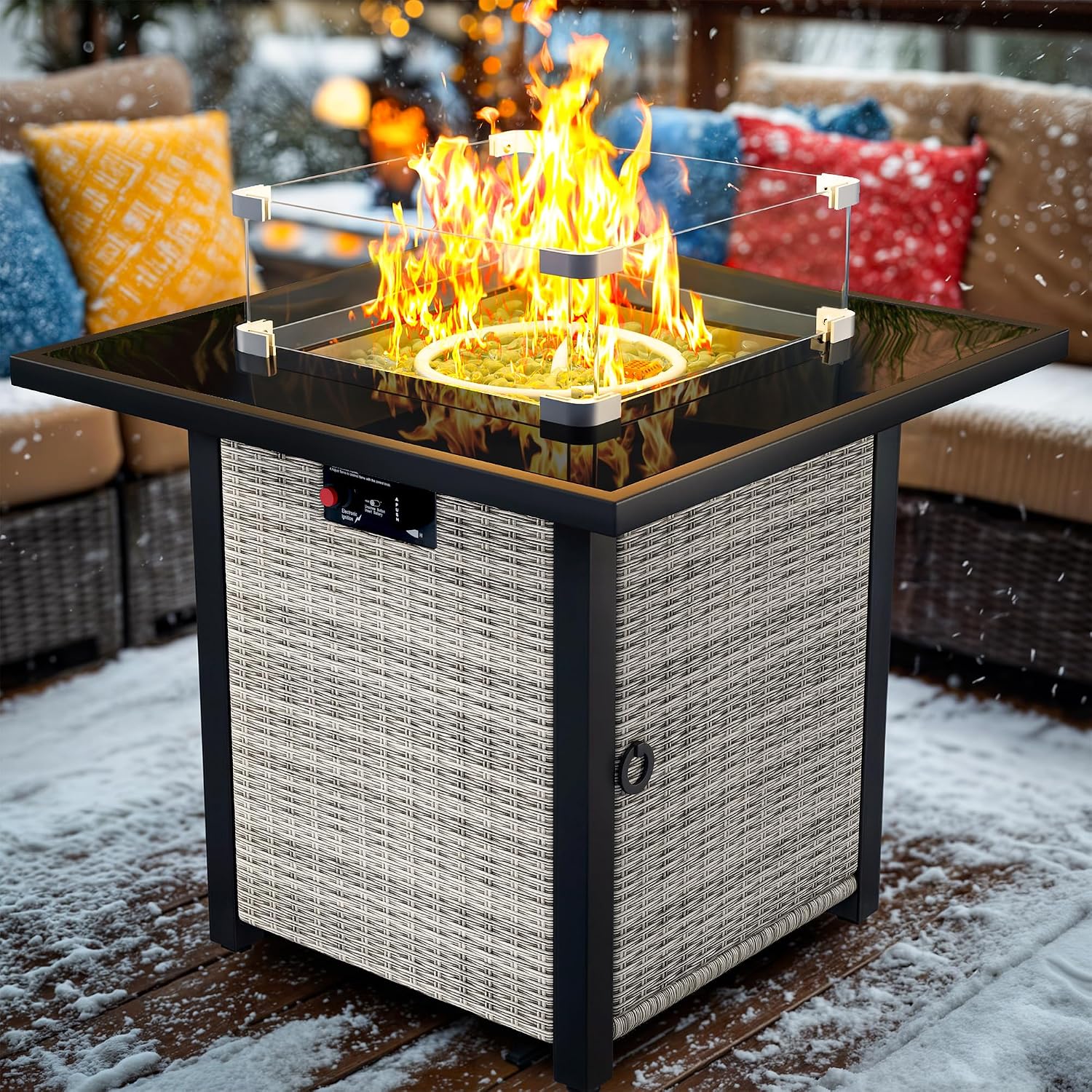 Propane Fire Pit Table, Outdoor Fire Pit Table, 28' Rattan Square Outdoor Gas FirePit with Glass Wind Guard, Tempered Glass Tabletop, Lid, CSA Listed, 50,000 BTU, Outside Patio & Garden, Gray-White