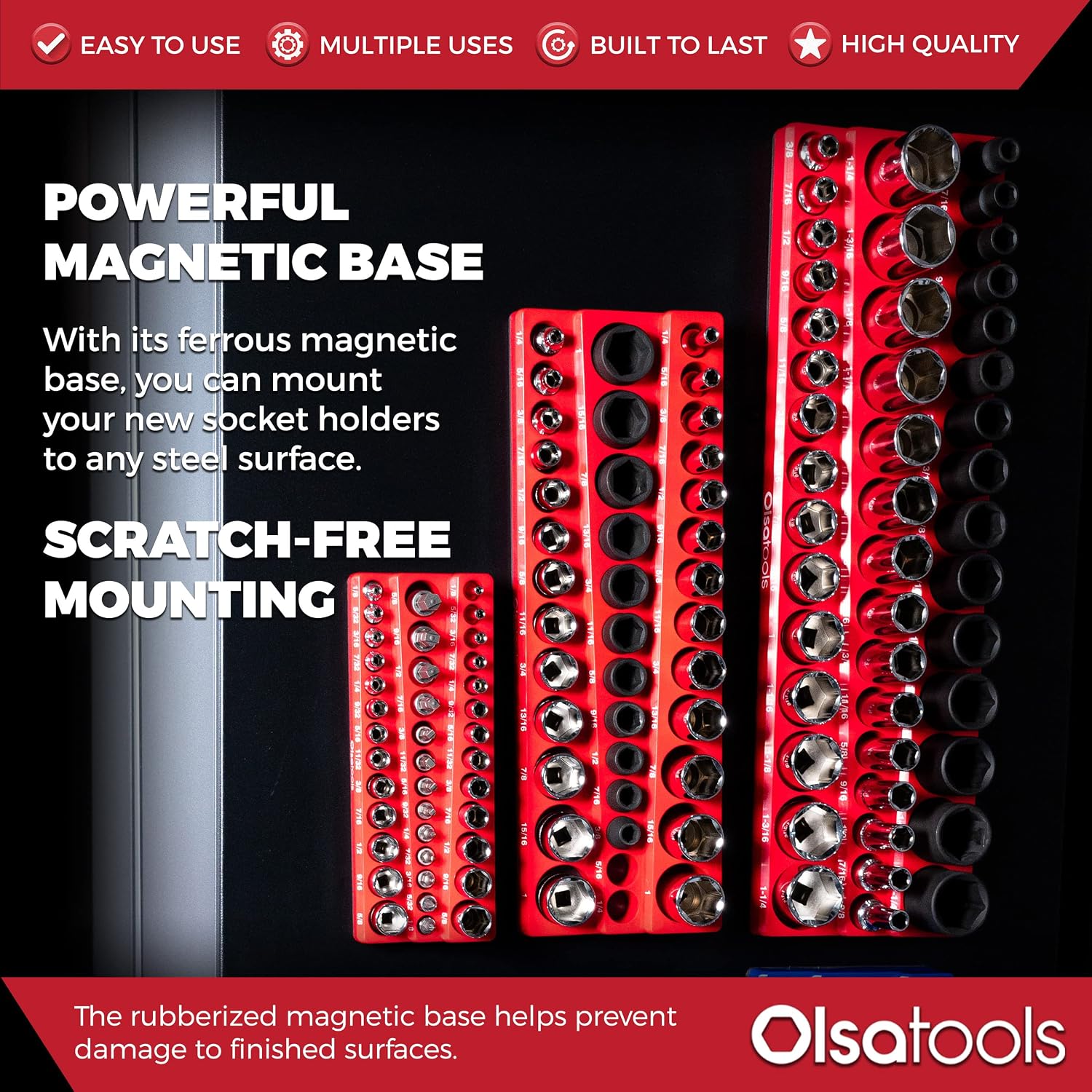 Olsa Tools Magnetic Socket Organizer - 1/4', 3/8' & 1/2-Inch Drive SAE Socket Holder Set - Professional Tool Holder and Organizer - Stores up to 123 Sockets - Red - Part: 1560