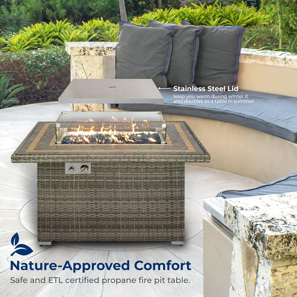 SereneLife Outdoor Propane Fire Pit Table, 50,000 BTU Wicker Gas Firepit with Tile Tabletop, with Glass Wind Guard and Decorative Glass Stones, CSA Certified, Weatherproof Cover, 43'x27'x25'