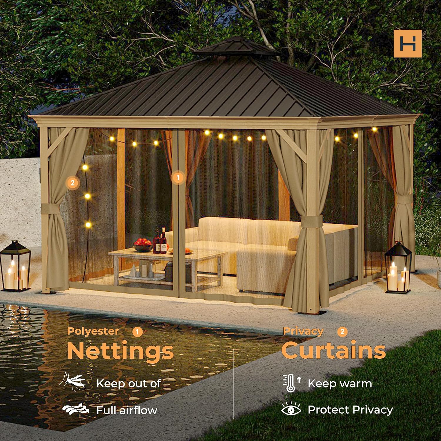 HAPPATIO 12' x 12' Hardtop Gazebo Outdoor, Wood Grain Aluminum Frame with Double Galvanized Steel Roof，Patio Gazebo Canopy with Netting and Curtains for Patio, Lawns, Deck, Backyard (Beige)