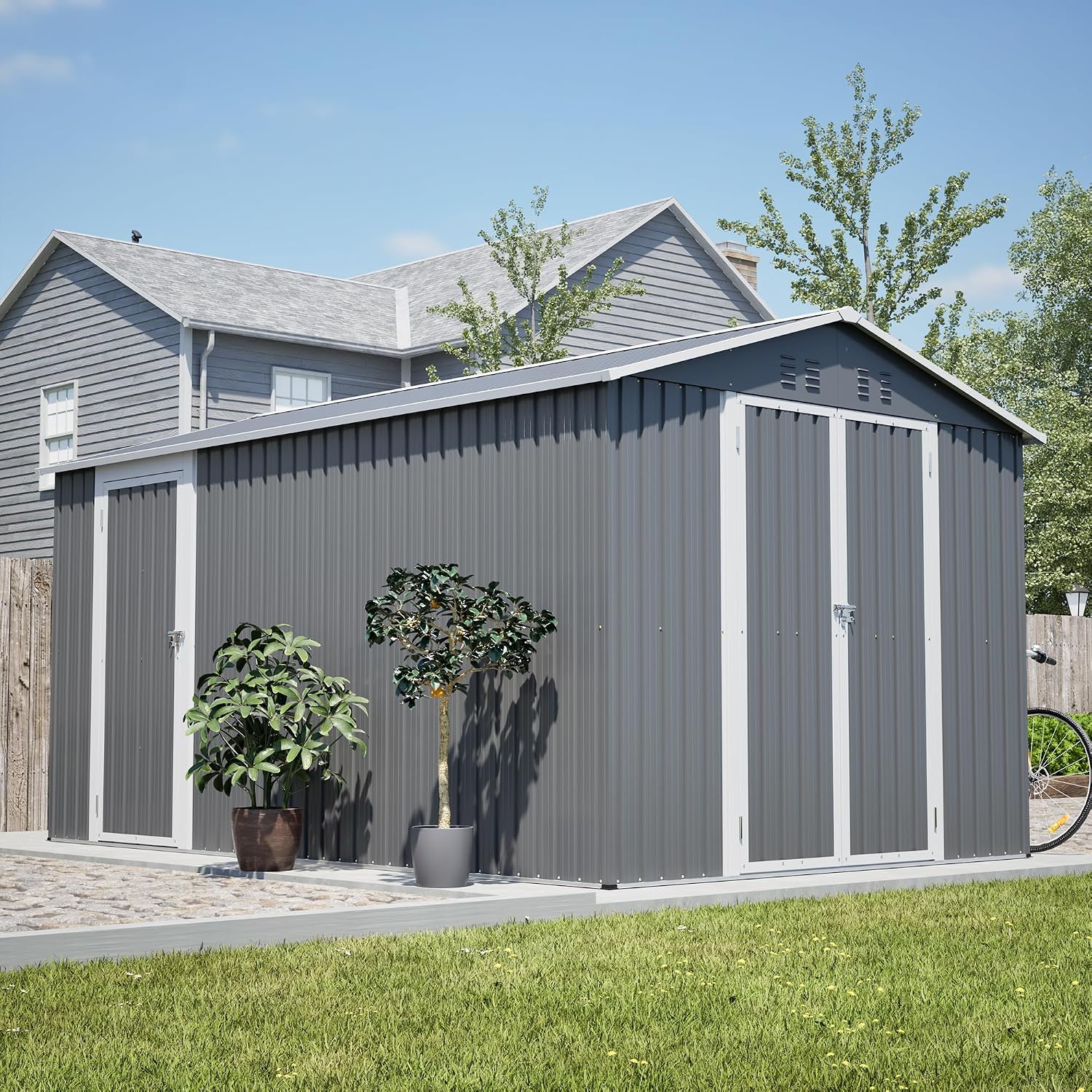 8x12 FT Shed Outdoor Storage Metal Large Garden Tool Sheds with 2 Lockable Doorways Floor Frame Gable Roof Waterproof Steel Utility Equipment Sheds for Backyard Patio Lawn Poolside, Grey