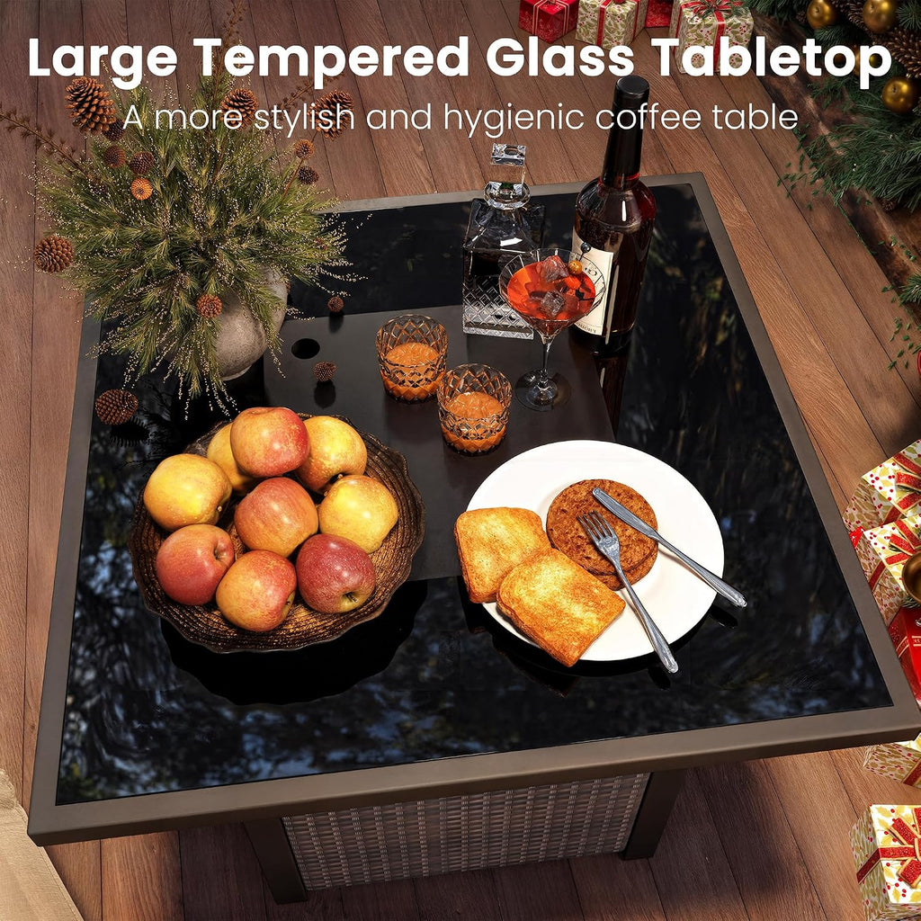 Propane Fire Pit Table, Outdoor Fire Pit Table, 27' Rattan Square Outdoor Gas Fire Pit with Glass Wind Guard, Tempered Glass Tabletop, Lid, CSA Listed, 50,000 BTU for Outside Patio Deck & Garden,Brown