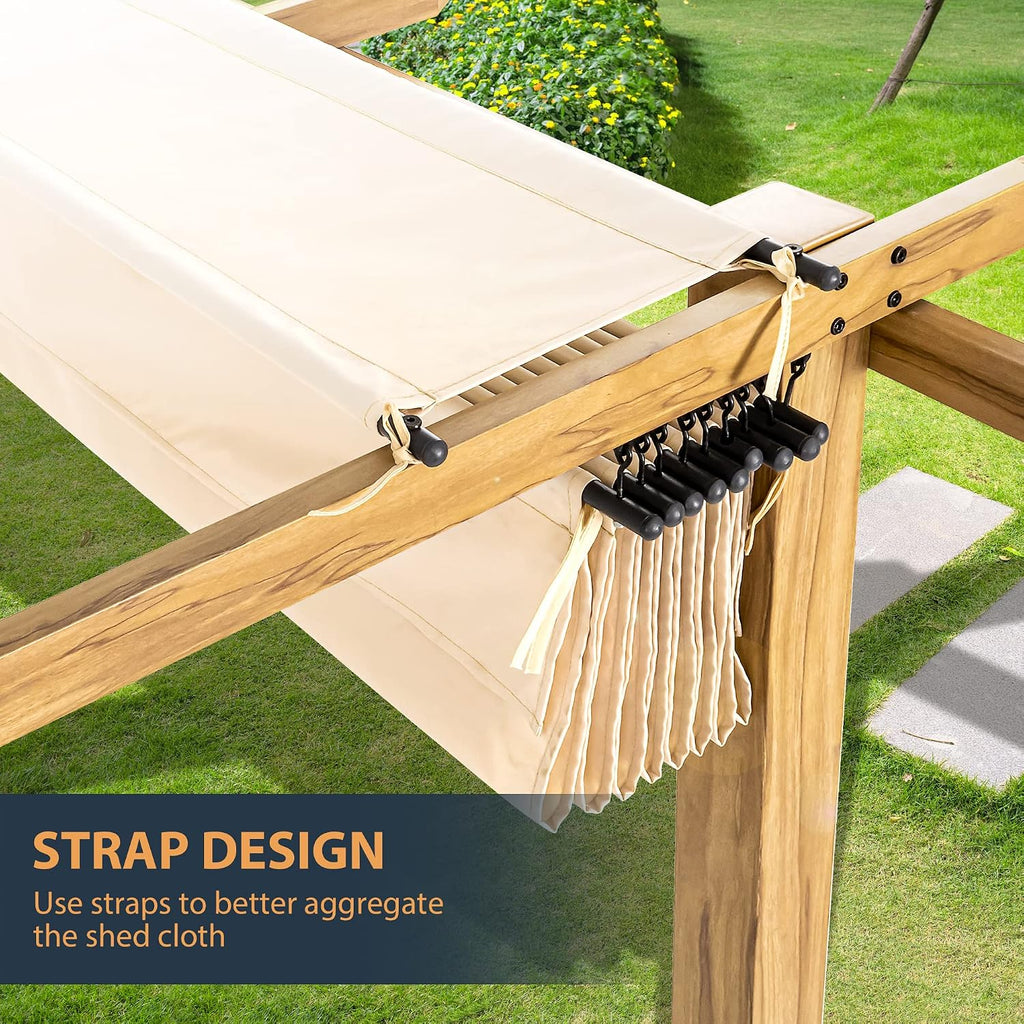HAPPATIO 10' X 13' Wood-Grain Aluminum Pergola - Adjustable Sun Shade Canopy with Retractable Roof for Backyard, Deck, Patio, by The Pool（Beige）