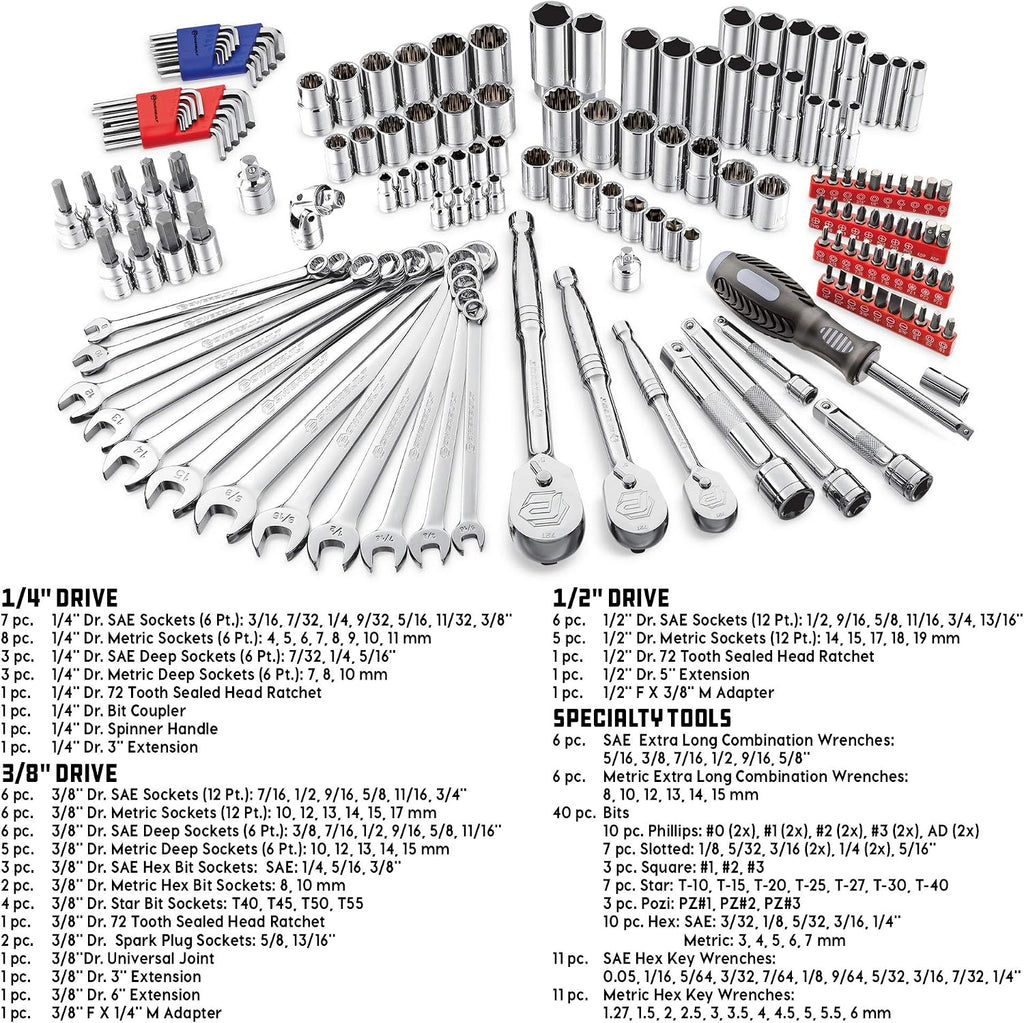 Powerbuilt 642453 152 Piece 1/4-inch, 3/8-inch, and 1/2-inch Drive Mechanics Tool- with SAE and Metric Socket Set, 72 Tooth Seal-Head Ratchet, Automotive Tool Kit, including Case