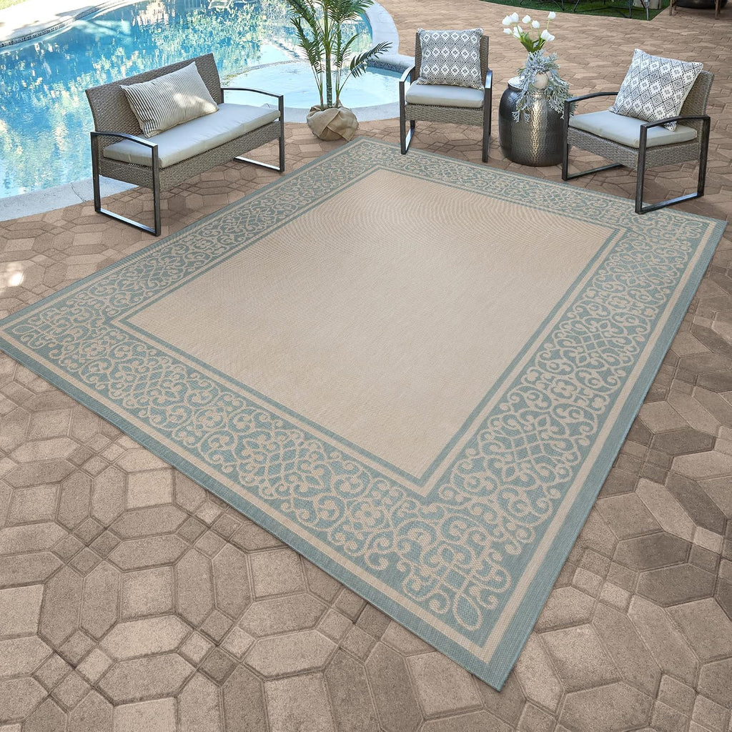 Gertmenian Indoor/Outdoor Flatweave Area Rug - 6x9 Medium, Stain & UV Resistant, Ideal For Deck, Patio, Poolside, Mudroom - Abstract Border, Aqua Blue Cyan, 22965