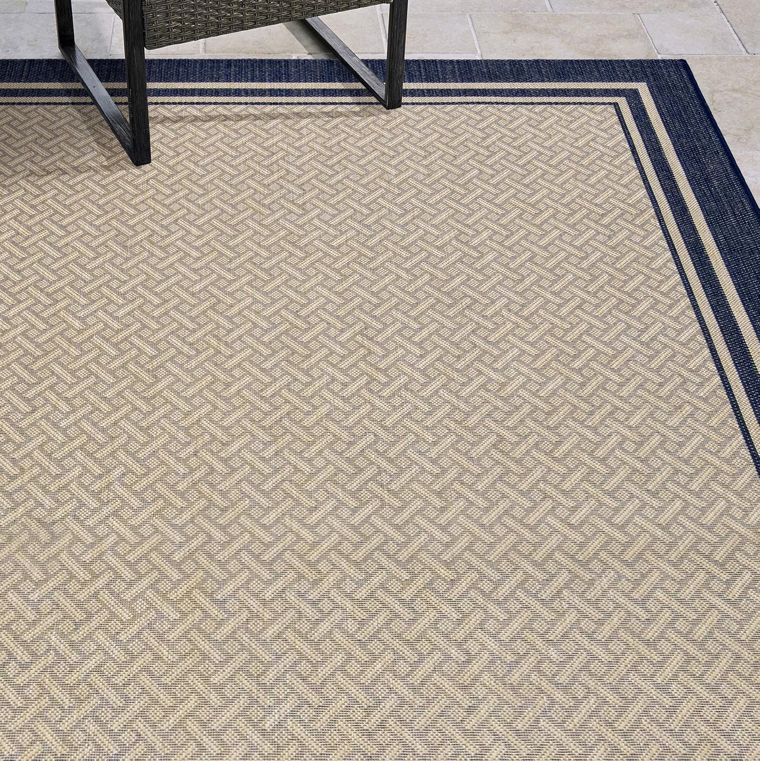 Gertmenian Indoor Outdoor Classic Flatweave Area Rug, Stain & UV Resistant Carpet, Deck, Patio, Poolside & Mudroom, 9x13 Ft Extra Large, Simple Border, Navy Blue, 21979