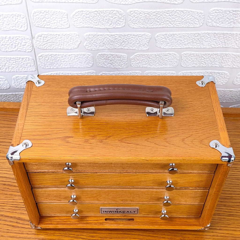Oak Wood 4 Drawers Portable Toolbox, Leather Handle, FT0104
