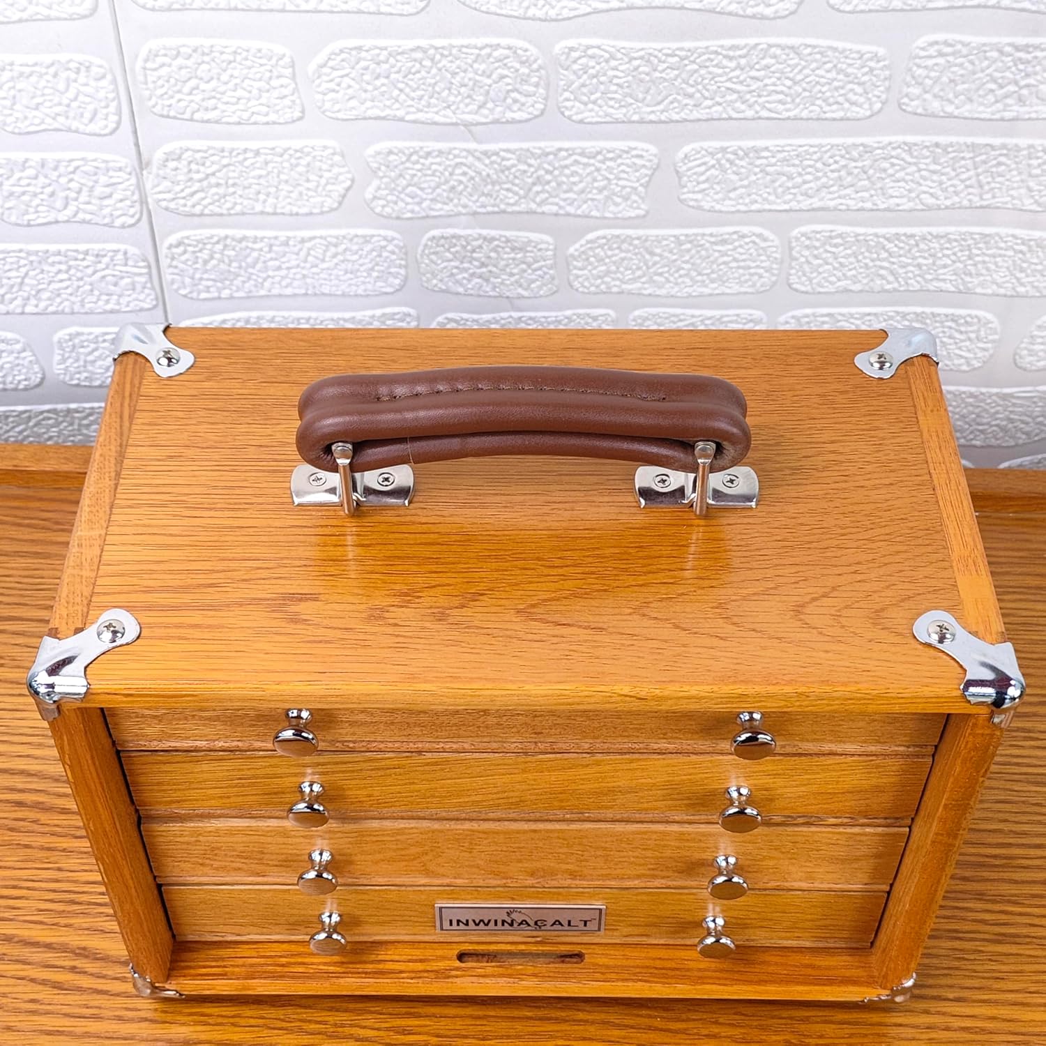 Oak Wood 4 Drawers Portable Toolbox, Leather Handle, FT0104