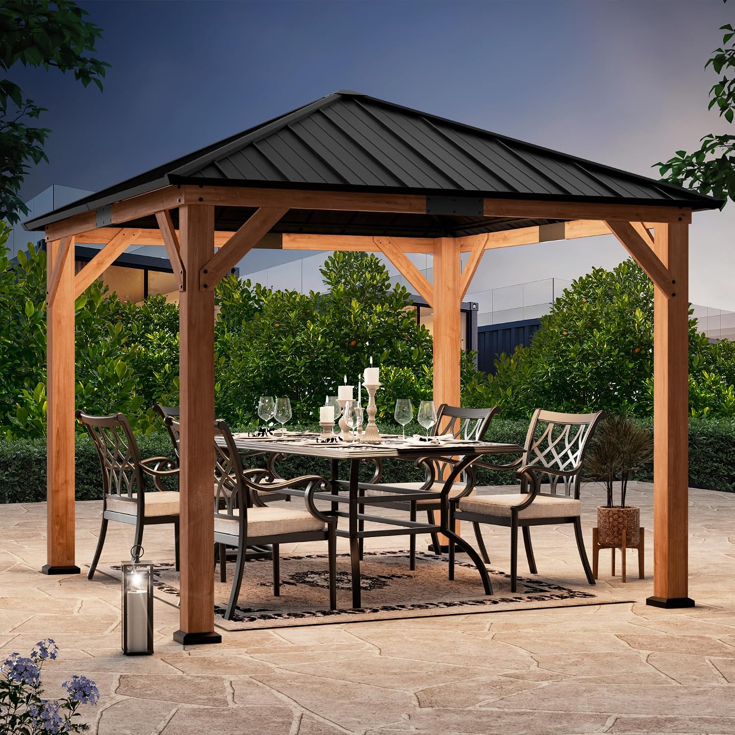 Big Leaf 10'x10' Wood Gazebo with Galvanized Steel Roof - Hardtop Gazebo with Cedar Frame Permanent Outdoor Structure for Garden, Backyard and Patio