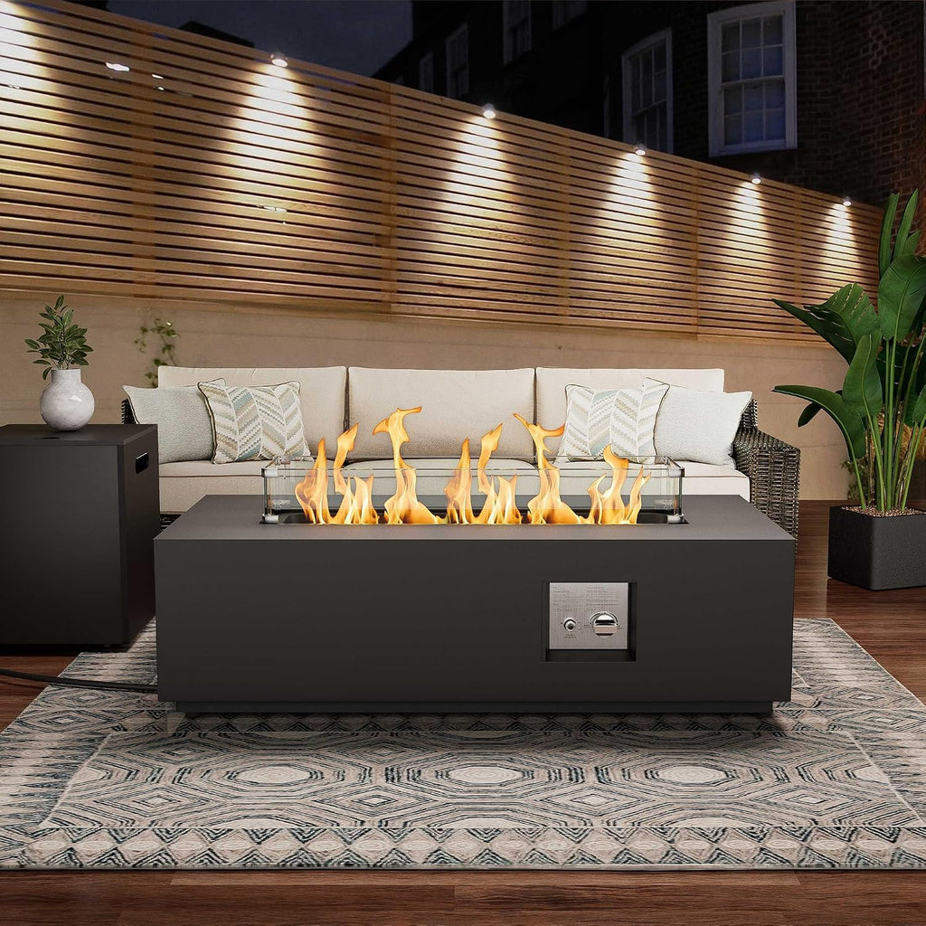 SUNPEAK 42' Rectangular Propane Fire Pit Table 50,000 BTU Fireplace Table with Wind Guard, Lid, Rocks and Cover - Fire Pits & Outdoor Fireplaces - Gas Fire Pits for Outside Patio (Black, 42')