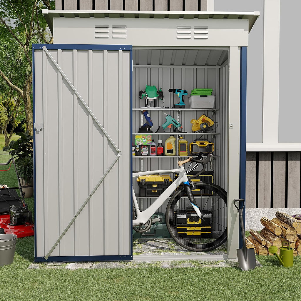 Garvee Metal Tool Shed with Single Door - Slanted Roof, Small Size, 5x3FT, Garden Storage, Outdoor Iron Tool Storage