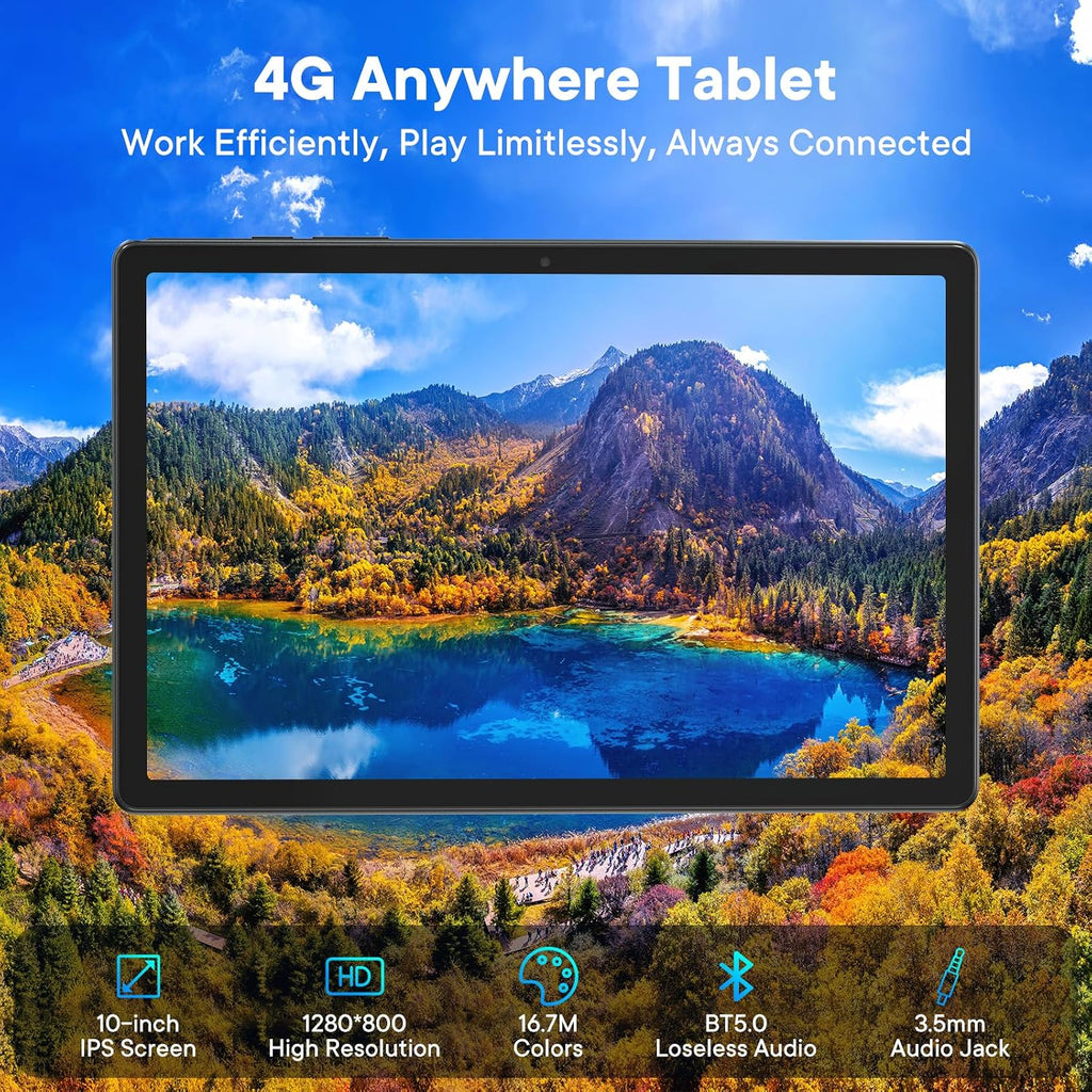10-Inch Android 15 Tablet, 4G LTE Unlocked with SIM Card Slot, MediaTek G80 Octa-Core, 12GB(4+8GB) RAM, 64GB ROM(2TB TF), 5G Dual-Band WiFi, 6000mAh Battery, GPS, Premium Case & Parental Control，Black