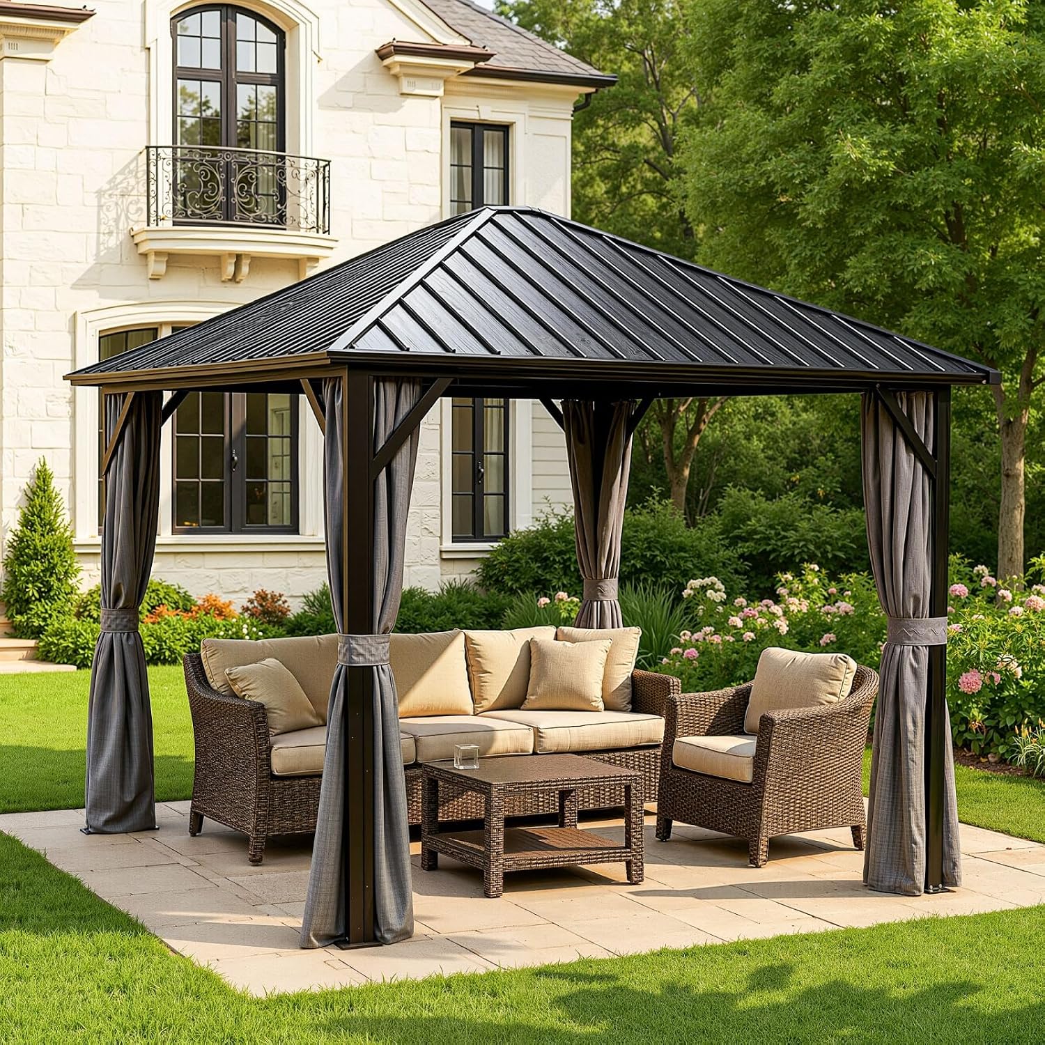 10x10 Hardtop Aluminum Gazebo, Outdoor Metal Gazebo with Netting & Curtains - Heavy Duty Iron Roof for Patios, Waterproof & Snow Load Resistant (Single Hardtop Gazebo)
