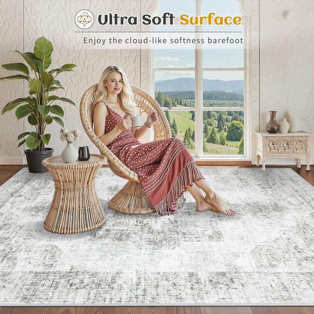 9x12 Area Rug for Living Room, Washable Vintage Boho Medallion Rugs Soft Non Slip Large Area Rug Stain Resistant Indoor Retro Carpet for Bedroom Nursery Kids Dining Room Home Office(Grey, 9'x12')