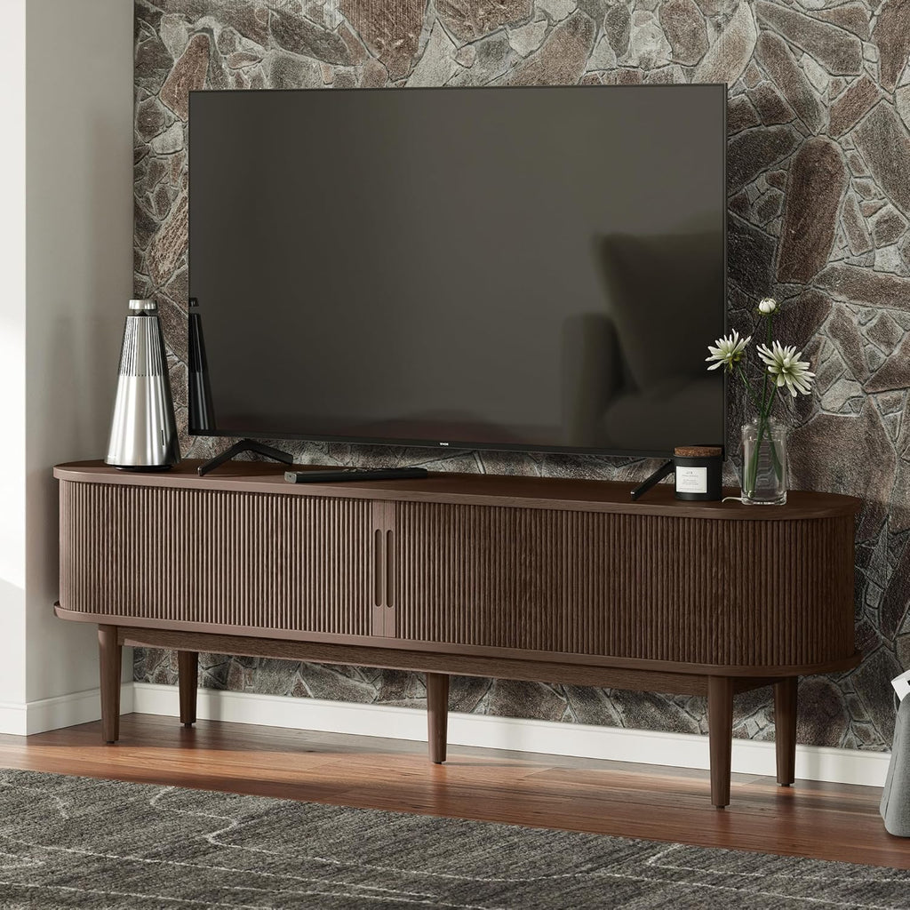 LINSY HOME 58' Fluted TV Stand for TVs up to 65 Inch, Mid Century Modern Entertainment Center with Storage Cabinet and Sliding Doors, Farmhouse Wood Media TV Console for Living Room, Bedroom, Walnut