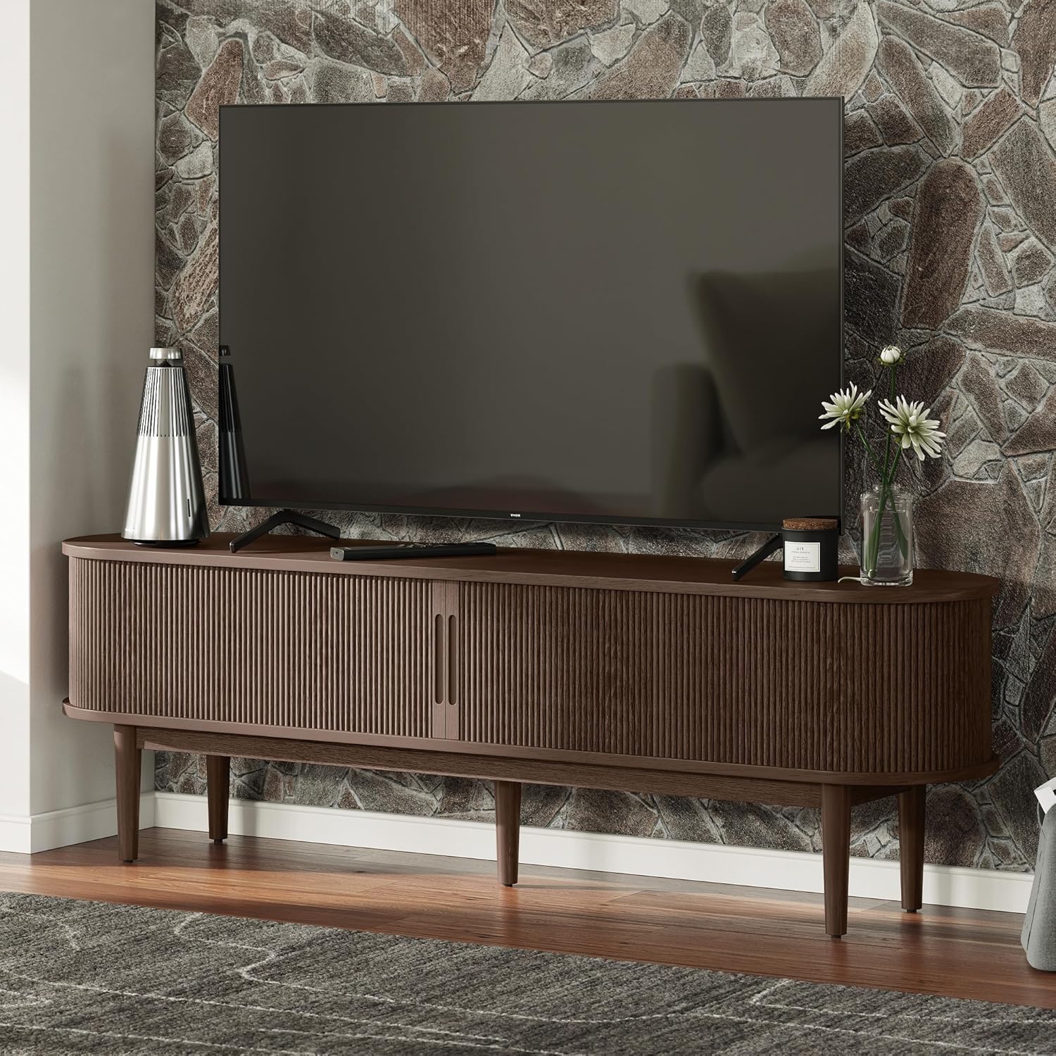 LINSY HOME 58' Fluted TV Stand for TVs up to 65 Inch, Mid Century Modern Entertainment Center with Storage Cabinet and Sliding Doors, Farmhouse Wood Media TV Console for Living Room, Bedroom, Walnut