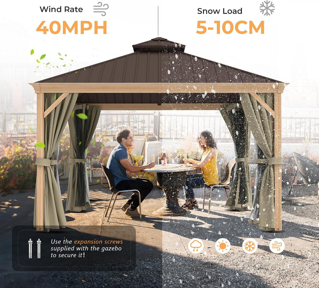 HAPPATIO 12' x 12' Hardtop Gazebo Outdoor, Wood Grain Aluminum Frame with Double Galvanized Steel Roof，Patio Gazebo Canopy with Netting and Curtains for Patio, Lawns, Deck, Backyard (Beige)