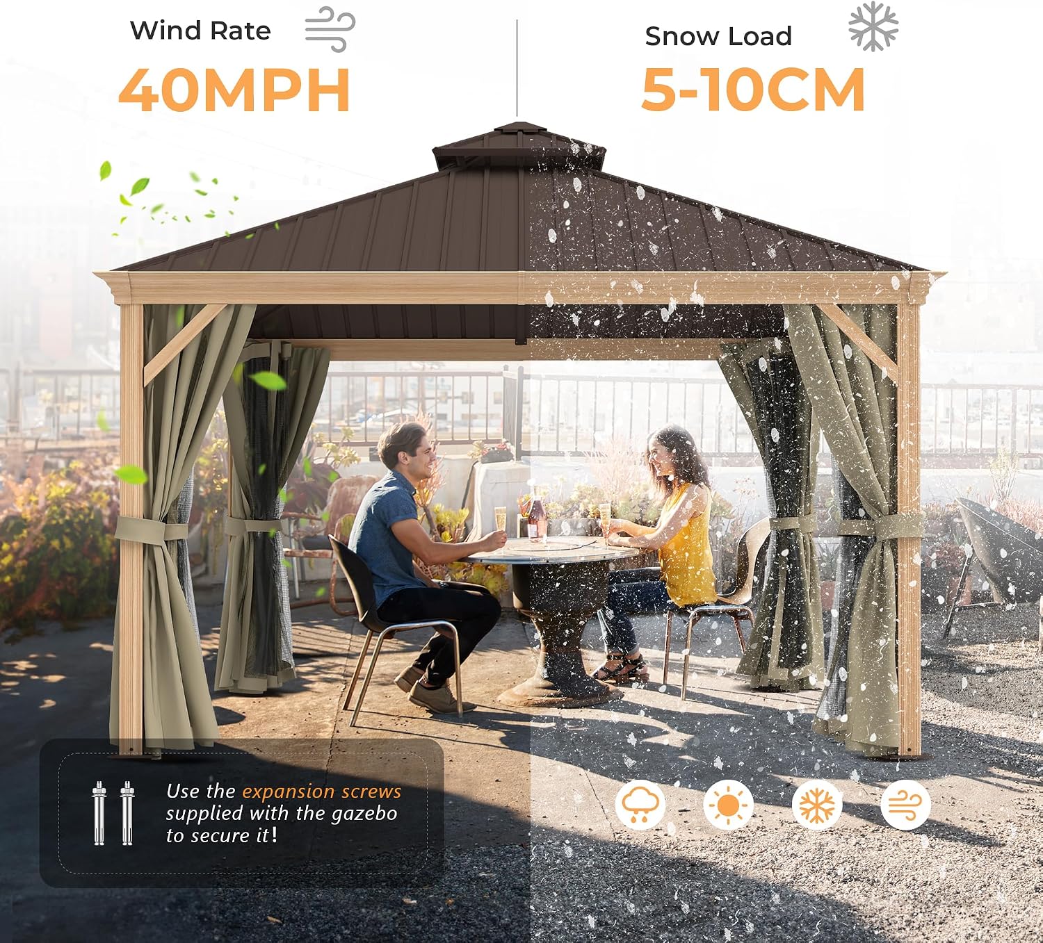 HAPPATIO 12' x 12' Hardtop Gazebo Outdoor, Wood Grain Aluminum Frame with Double Galvanized Steel Roof，Patio Gazebo Canopy with Netting and Curtains for Patio, Lawns, Deck, Backyard (Beige)