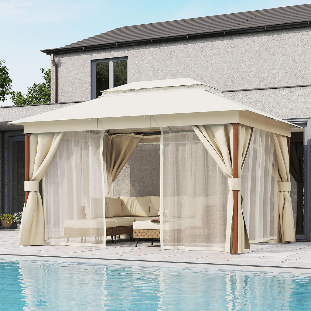 LAUSAINT HOME 10'x13' Outdoor Gazebo, Metal Frame Heavy Duty Patio Canopy Tent Shelter with Double Roofs, Mosquito Nettings and Privacy Screens for Backyard, Garden, Lawn, Cream White