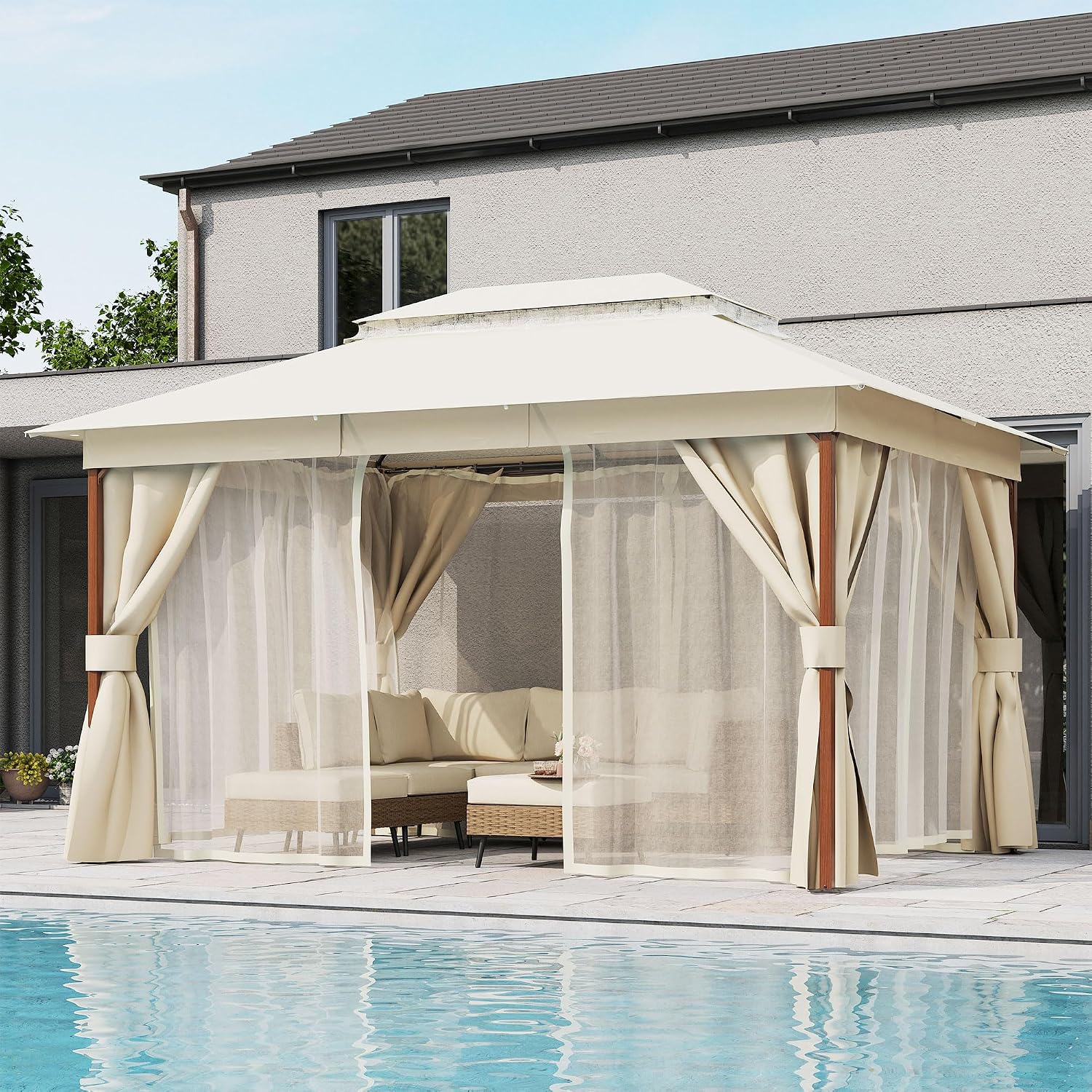 LAUSAINT HOME 10'x13' Outdoor Gazebo, Metal Frame Heavy Duty Patio Canopy Tent Shelter with Double Roofs, Mosquito Nettings and Privacy Screens for Backyard, Garden, Lawn, Cream White