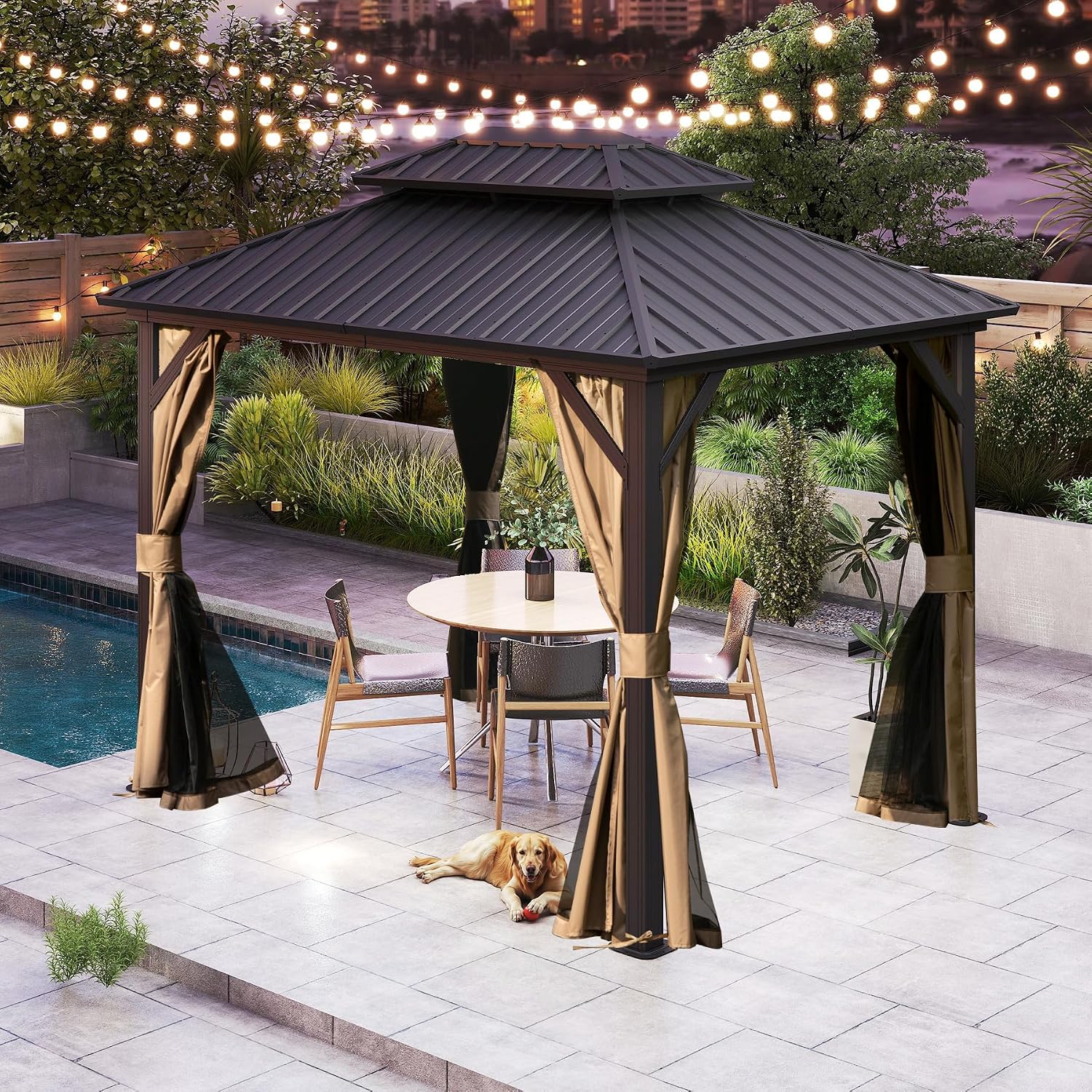Hardtop Gazebo 8x10 FT, Metal Outdoor Gazebos with Galvanized Steel Double Roof, Curtains and Nettings, Permanent Gazebo Pavilion for Patio Wedding, Party, Outdoor Dining -Brown