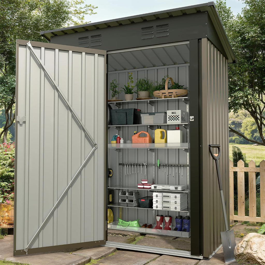 Garvee Metal Tool Shed with Single Door - Slanted Roof, Small Size, 5x3FT, Garden Storage, Outdoor Iron Tool Storage