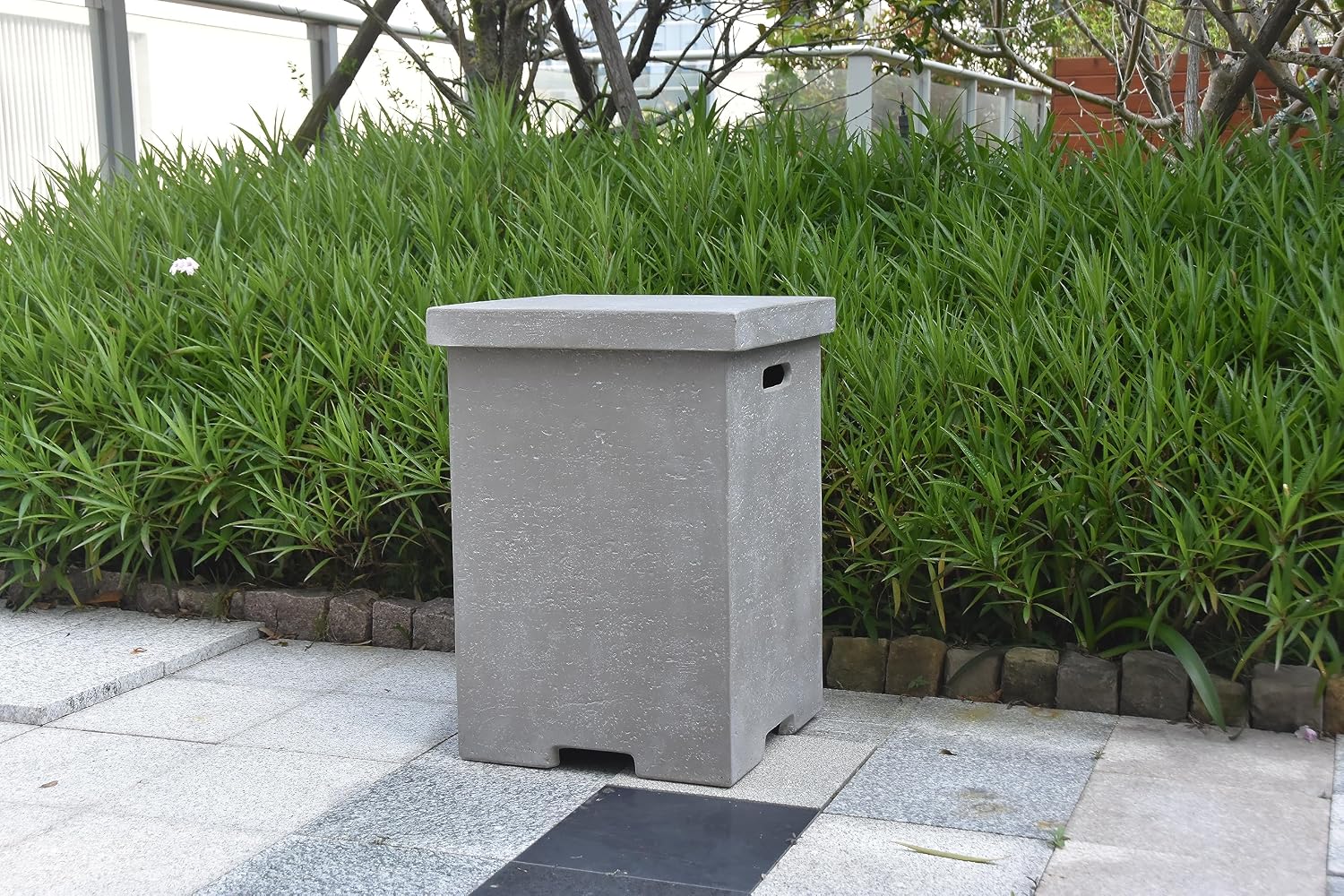 AMS Fireplace | Elementi Tall Light Grey Square Travertine Propane Tank Cover | Concrete GFRC Base | Dimensions: 17.7 x 17.7 x 24.4 inches | Complement HAMPTON, and Others Fire Pit Tables Perfectly