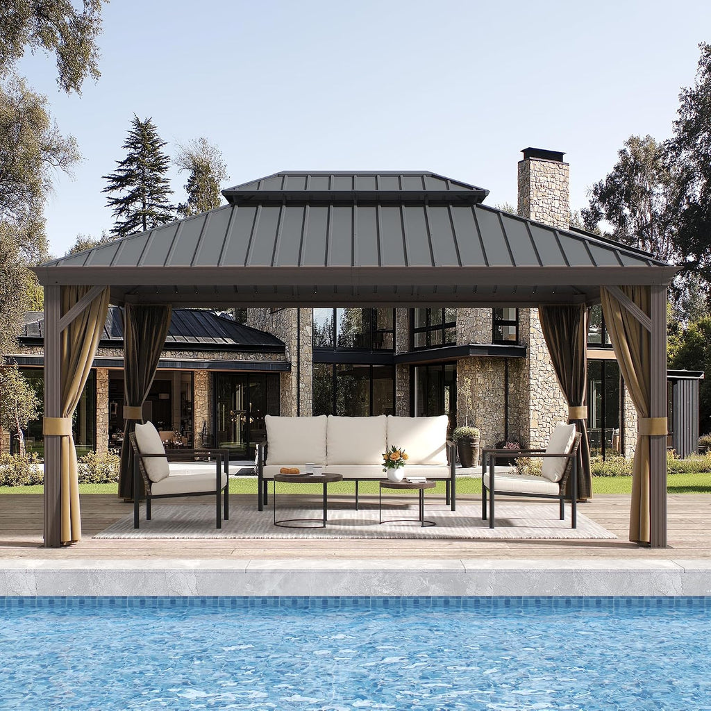 12'x16' Hardtop Gazebo with Netting and Curtains, Outdoor Aluminum Frame Pergola, Heavy Duty Metal Double Roof of Galvanized Steel Pavilion for Patio, Backyard, Deck, Lawns