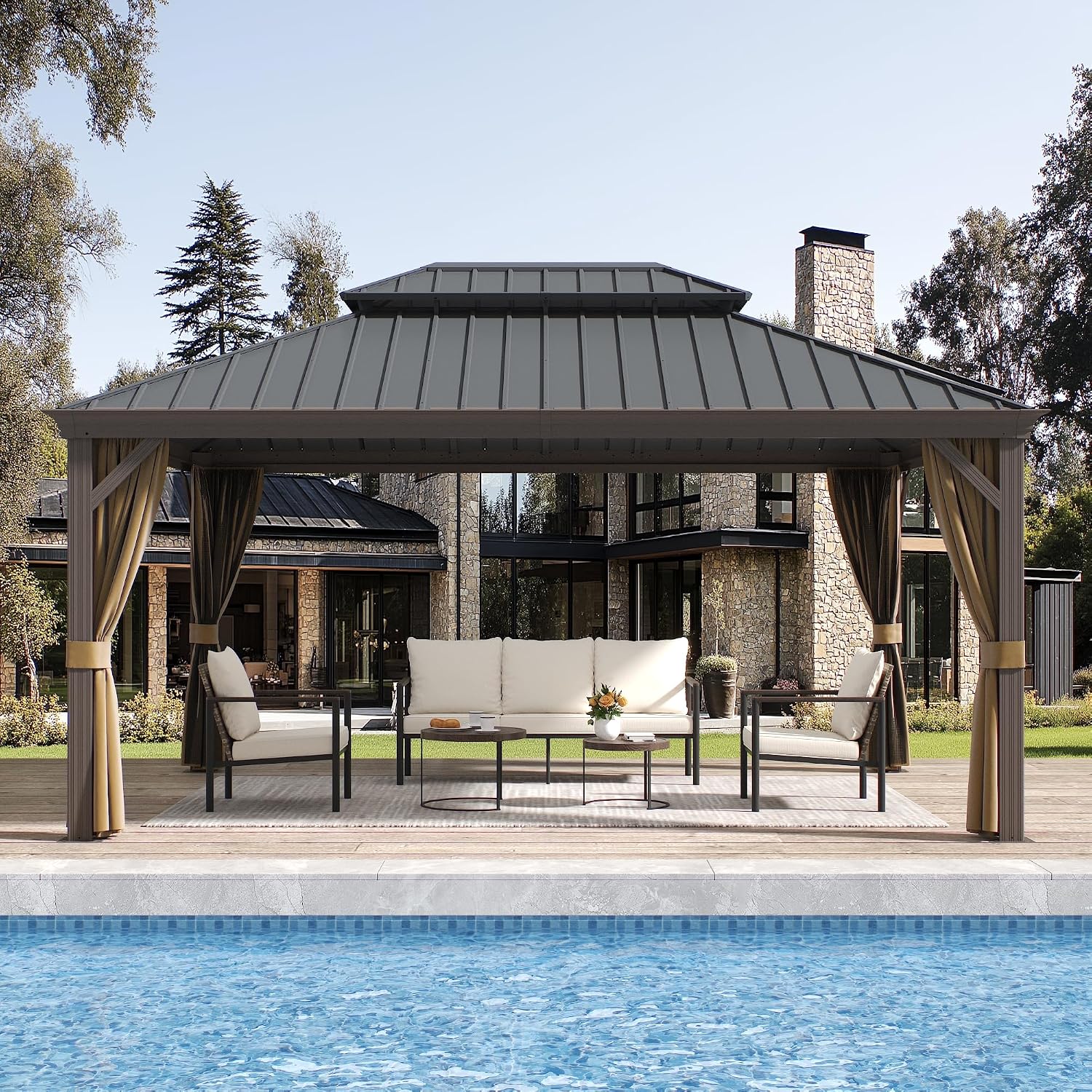 12'x16' Hardtop Gazebo with Netting and Curtains, Outdoor Aluminum Frame Pergola, Heavy Duty Metal Double Roof of Galvanized Steel Pavilion for Patio, Backyard, Deck, Lawns