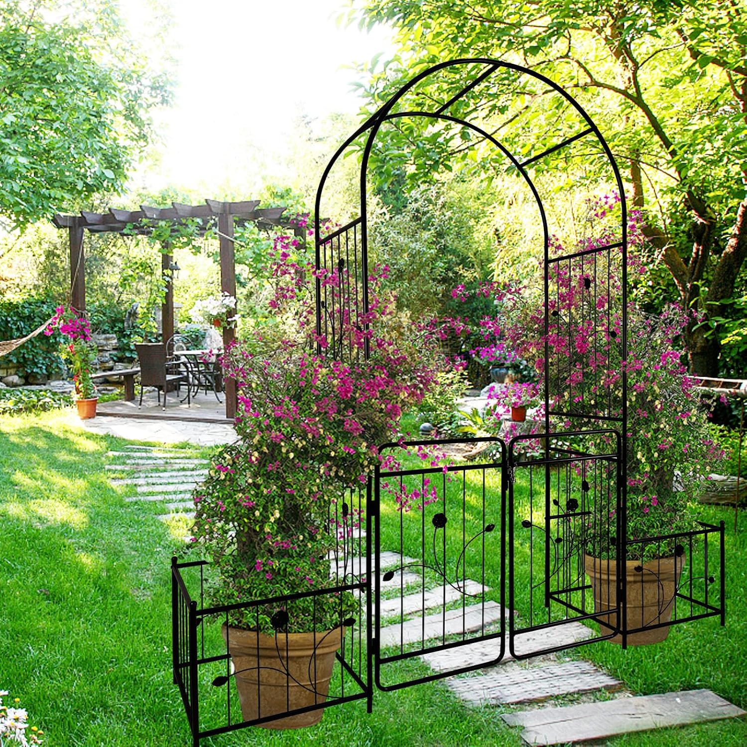 Metal Outdoor Garden Arch Iron Arbors Gazebo with 2 Plant Stands,High Birdcage Shape Pergola Pavilion,W/Ouble Gate Design,for Ivy Vines,Rose,Morning Glory,Black,79.5'x86.6'