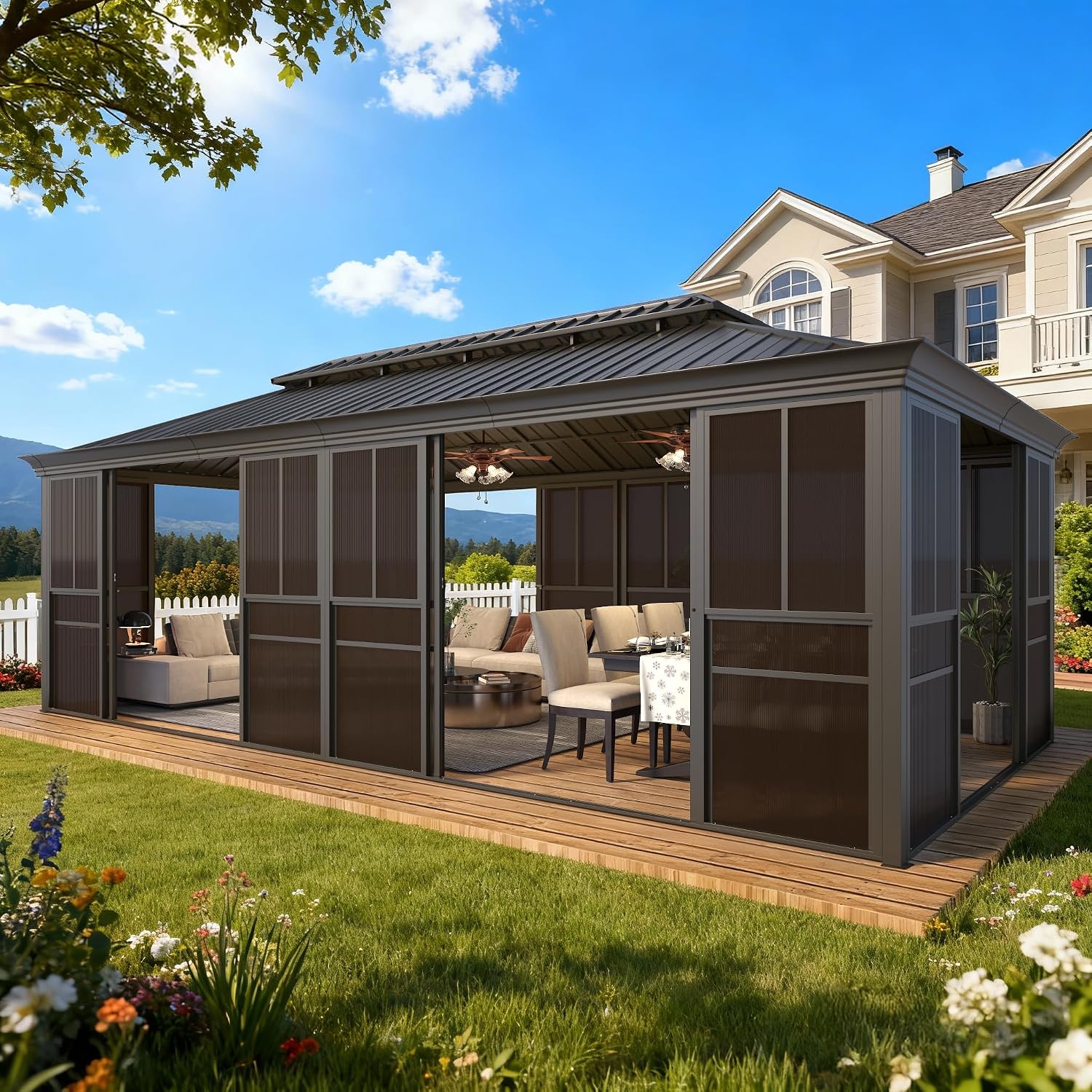EROMMY 12' X 24' Hardtop Sunroom, Galvanized Steel Double Roof Gazebo Solarium with Detachable Windows & Lockable Doors, All-Weather Sun Room for Patio Deck Backyard