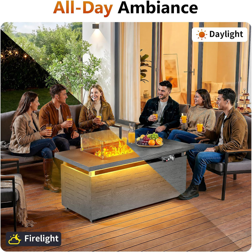 51' Propane Fire Pit Table, 50,000 BTU Outdoor Gas Fire Pit with Glass Wind Guard, Side Open Tank Storage, Wood Grain Patio Heater with Lid & Cover, Blue Fire Glass, Gray