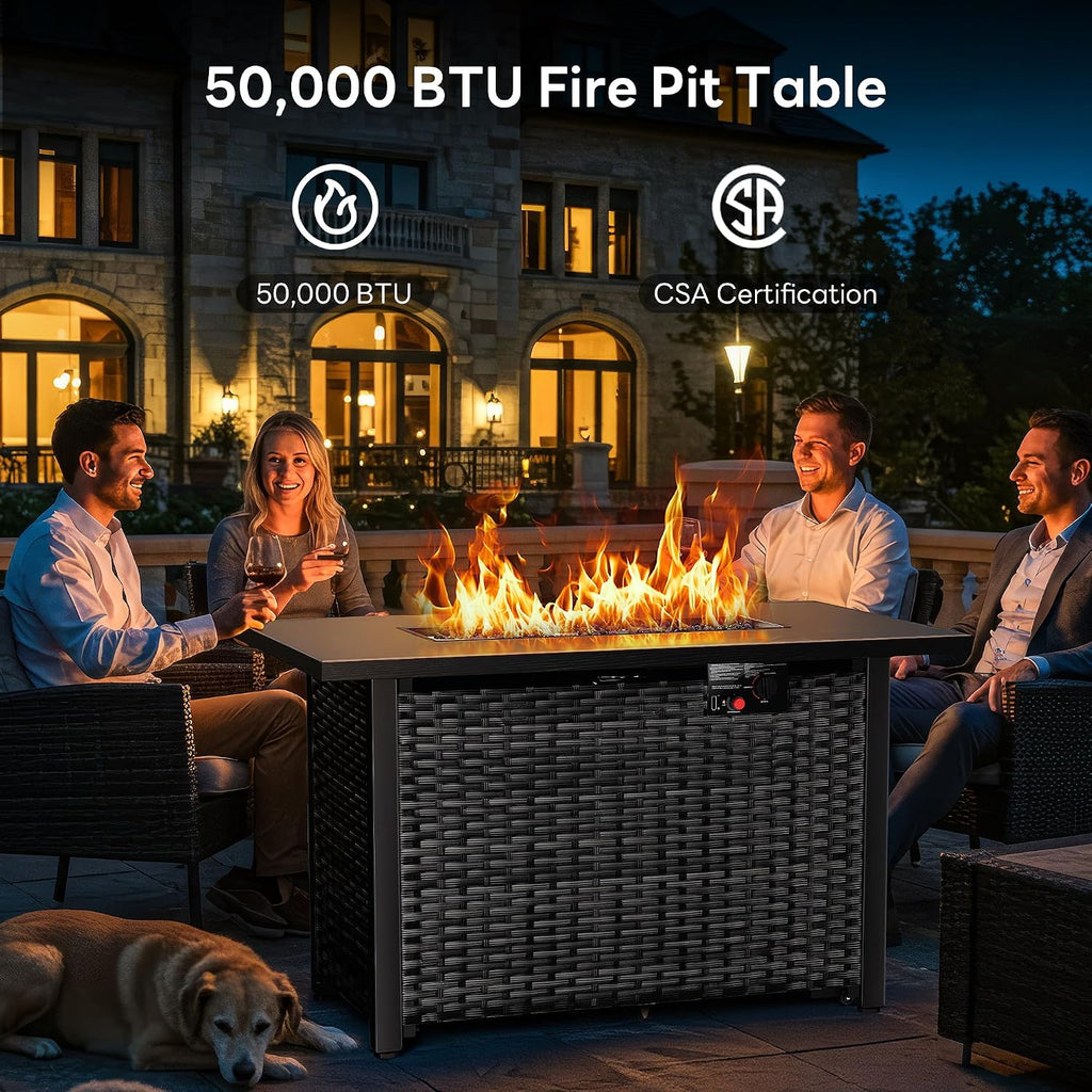 43' Outdoor Propane Fire Pit Table, 50,000 BTU Square Rattan Gas Fire Pit with Lid & Blue Crystal Stones, Steel Tabletop, Adjustable Flame, 4-in-1 FirePit Table for Patio, Backyard, Outdoor Gatherings