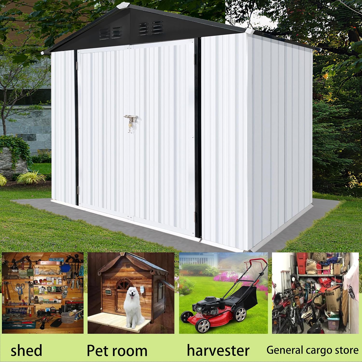 Shed with Windows,Large Metal Outdoor Storage Shed, Lockable Tool Storage shed, Steel Garden shed, Suitable for Backyard, Terrace, and Poolside (Roof White+Black, 6FTx4FT)