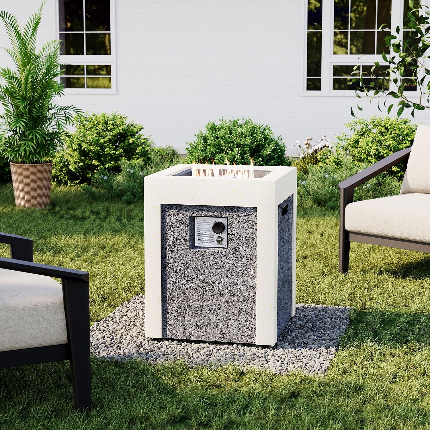 COSIEST Outdoor Propane Fire Pit Table w Compact Ledgestone 19-inch Square Graphite Base with Waterproof Cover, Certified, 40,000 BTU, Free Lava Rocks, Touch-up Pen, Fits 20lb (Grey&White)
