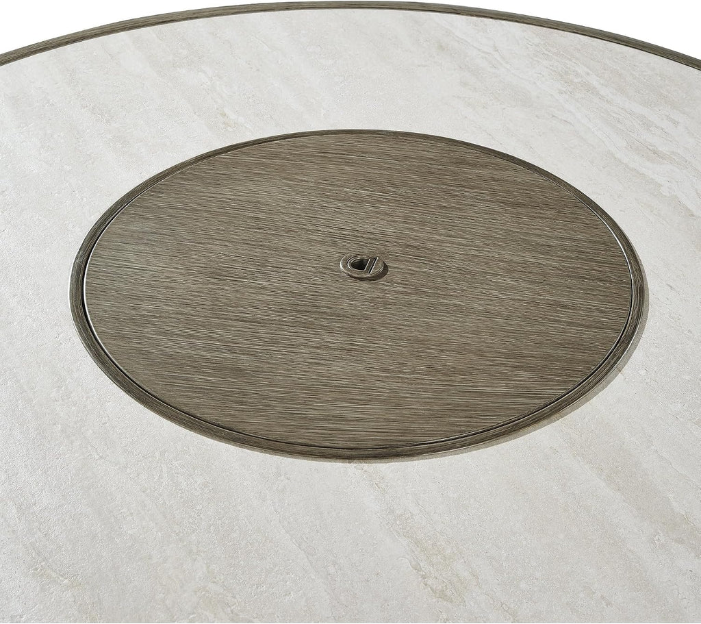 Signature Design by Ashley Rainier Ranch Contemporary Sintered Stone Tabletop Outdoor Fire Pit Table with Pedestal Base, Light Brown & Beige