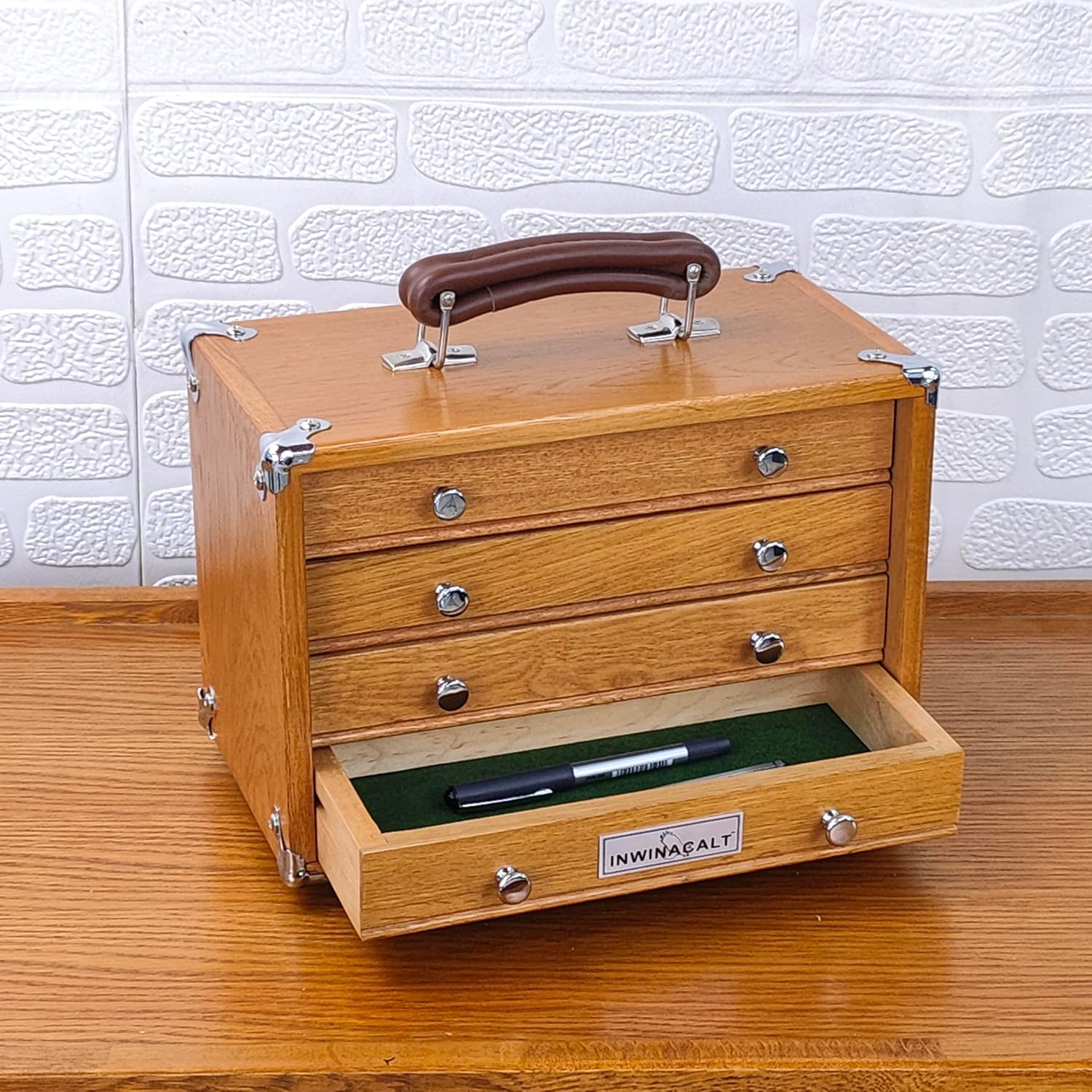 Oak Wood 4 Drawers Portable Toolbox, Leather Handle, FT0104