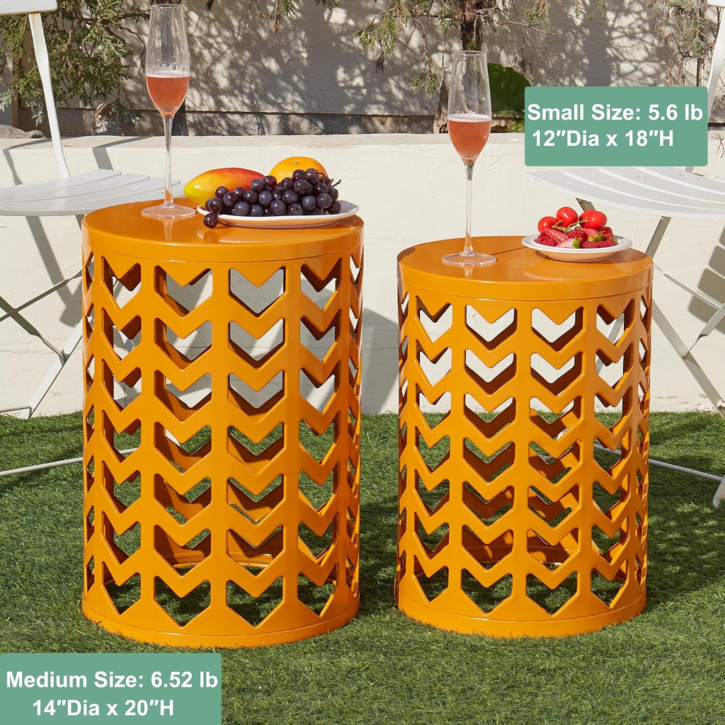 Y&M Set of 3 Metal Round Table, Coffee Table End Table for Indoor Outdoor Multifunctional Use, Heavy Duty Metal Plant Stand Decorative Garden Stool- Orange