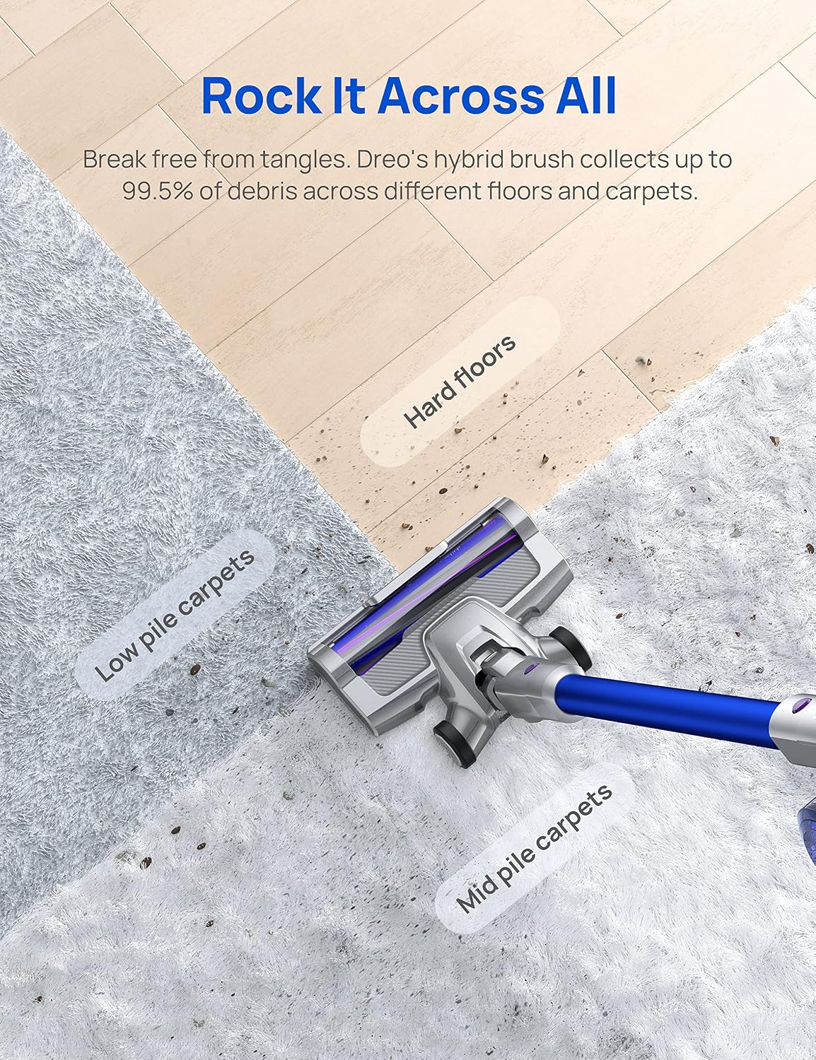 Dreo Cordless Vacuum Cleaner for Home, 25kPa 550W Strong Suction, 3000mAh Detachable Battery, Up to 60 Mins, Handheld/Stick Vacuum with Headlights, Tools for Car, Pet Hair, Carpets, Hard Floors