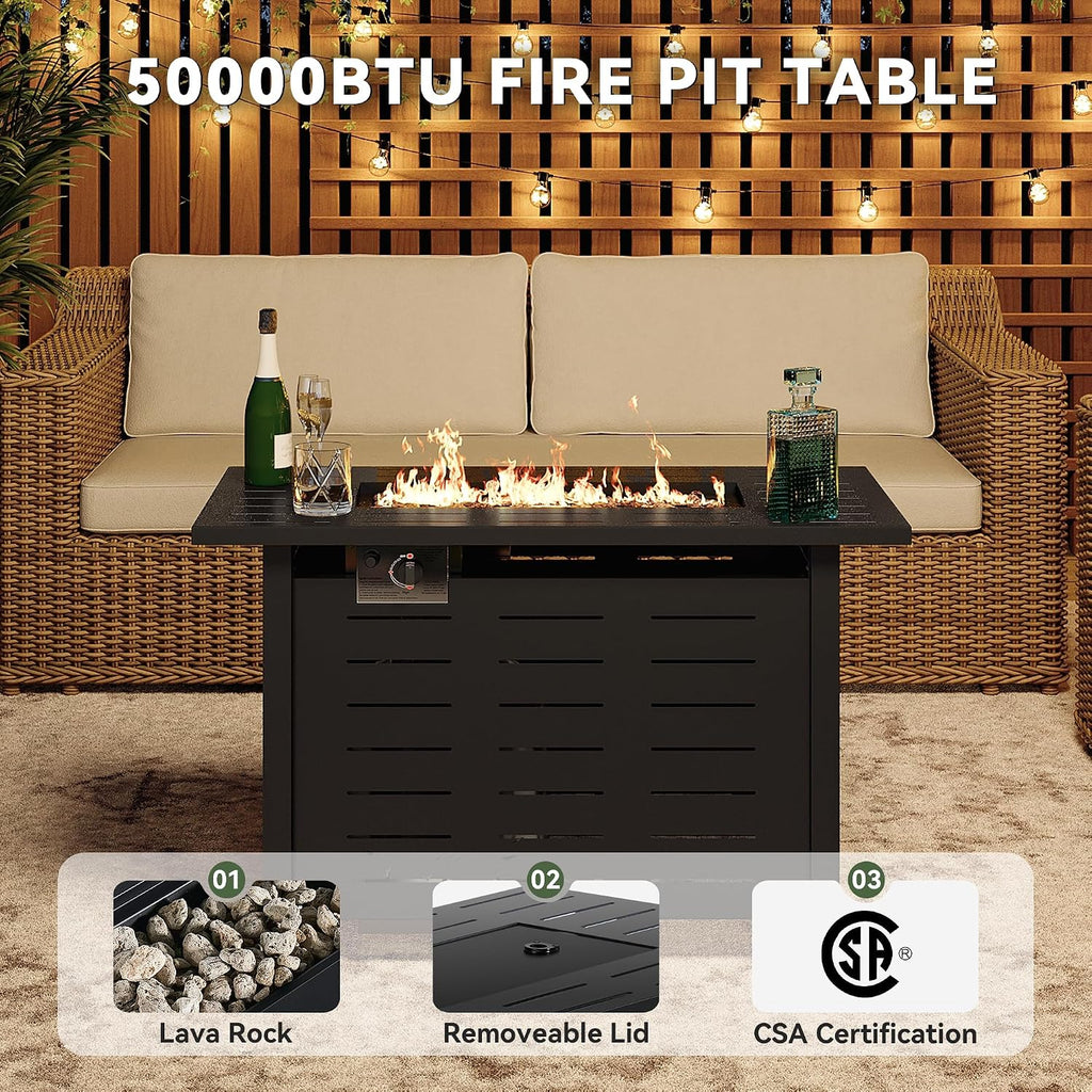 Aoxun 40 Inch Outdoor Propane Fire Pit - 50,000 BTU Gas Fire Pit Table with Lava Rocks, Patio Heater Rectangle Fire Table with Removable Lid & Waterproof Cover for Deck, Backyard, Garden, Black