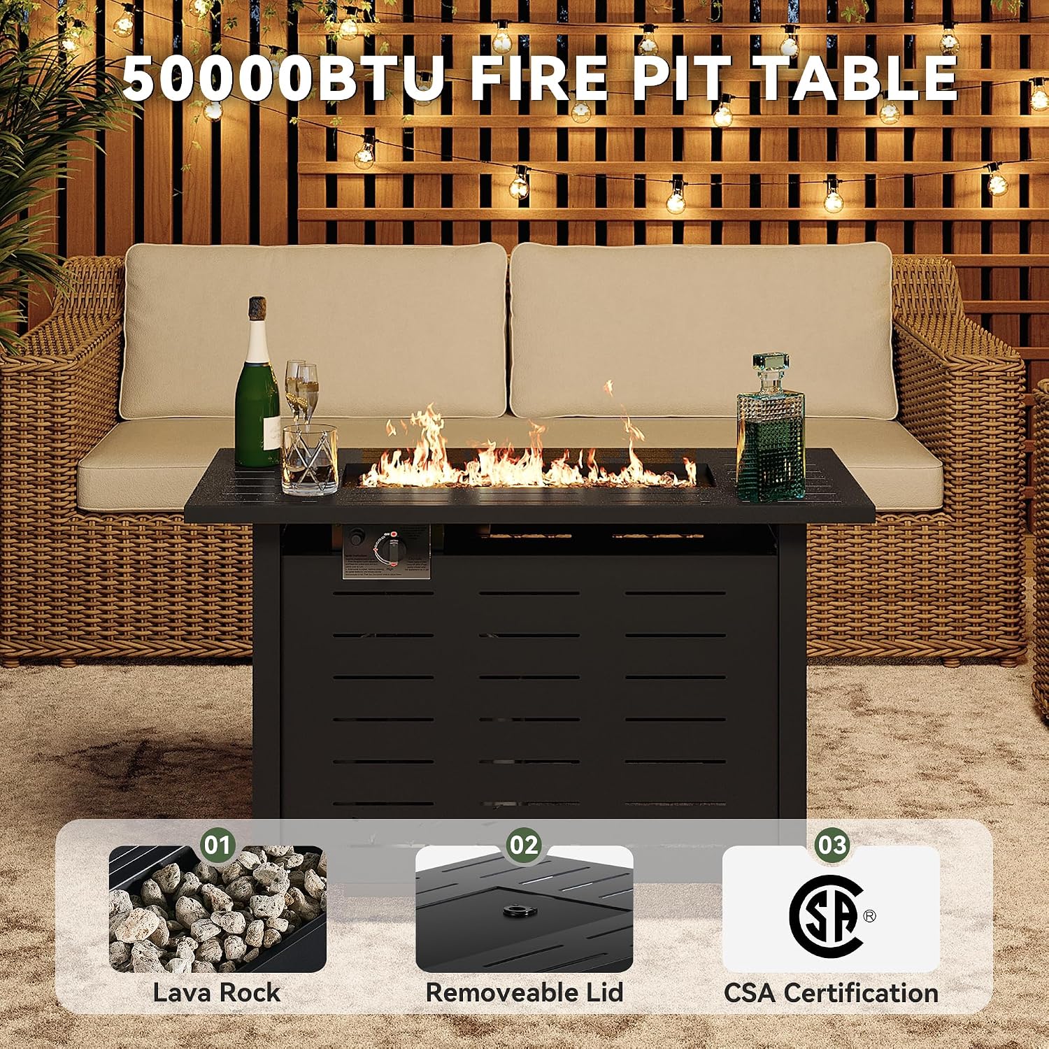 Aoxun 40 Inch Outdoor Propane Fire Pit - 50,000 BTU Gas Fire Pit Table with Lava Rocks, Patio Heater Rectangle Fire Table with Removable Lid & Waterproof Cover for Deck, Backyard, Garden, Black
