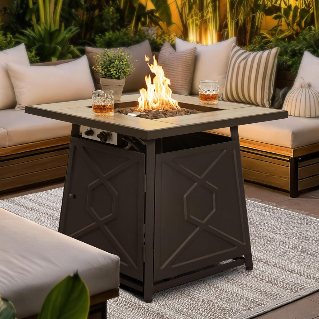 Nuu Garden 28 Inch Outdoor Propane Fire Pit Table, 50,000 BTU Square Gas Fire Table with Ceramic Tabletop, Lid, Cover, Lava Rock for Garden Backyard Party, Black