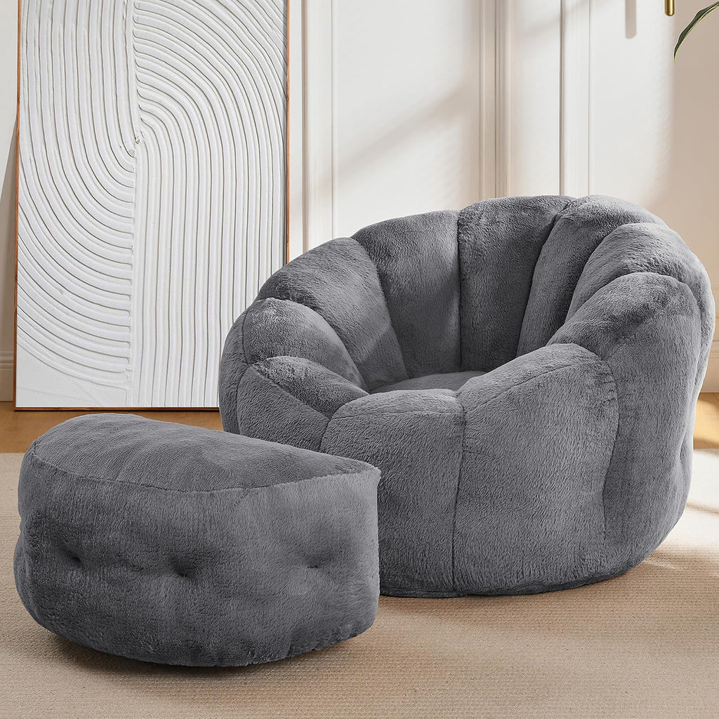 Bean Bag Chair with Ottoman, Flower Bean Bag Chairs for Adults and Teens, Comfy Plush Faux Fur Reading Chair for Living Room, Bedroom, Apartment, Dorm, Grey