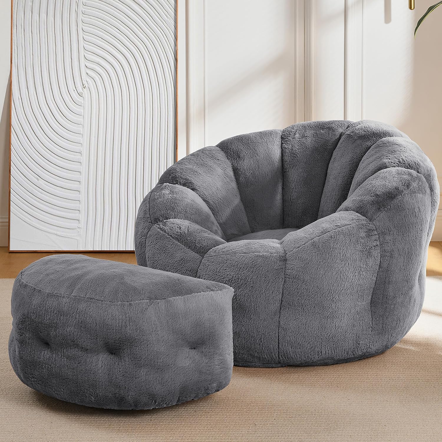 Bean Bag Chair with Ottoman, Flower Bean Bag Chairs for Adults and Teens, Comfy Plush Faux Fur Reading Chair for Living Room, Bedroom, Apartment, Dorm, Grey