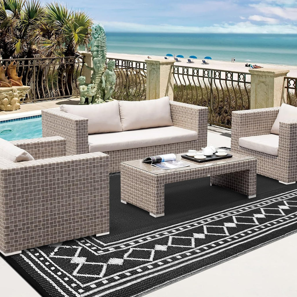 GAOMON Large Outdoor Rug 10x14 Waterproof Patio Modern Border Reversible Camping Mat Plastic Straw Outdoor Rug for Patio, RV, Deck, Balcony, Backyard, Picnic, Beach, Clover,Black