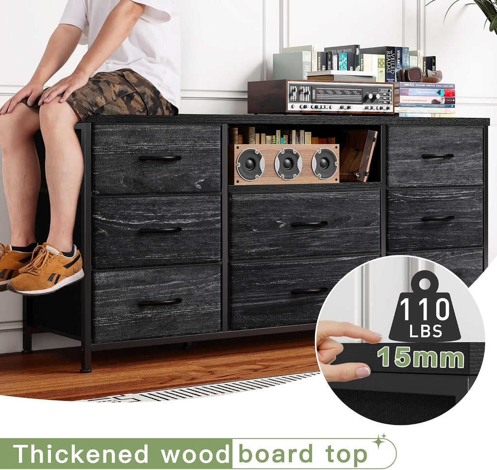 EnHomee Black Dresser for Bedroom with Charging Station, 8 Drawers Dressers & 55 inch TV Stand for Bedroom, Fabric Chest of Drawers with Open Shelves, Sturdy Dresser for Living Room, Hallway